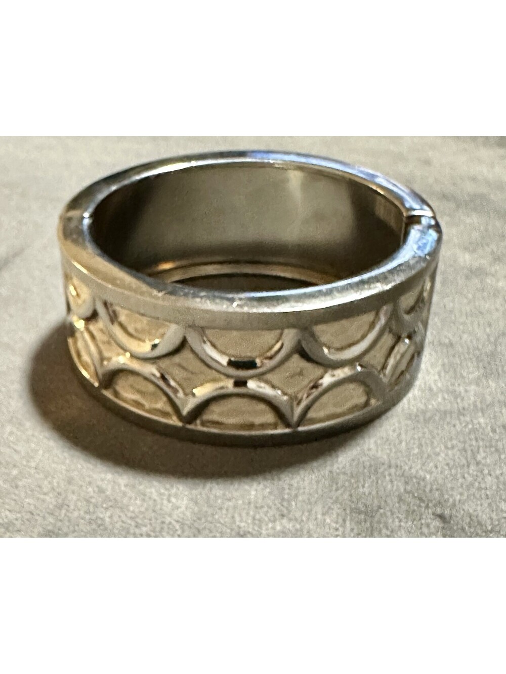 Wide Silver Tone Hinged Thick Bangle Bracelet Snakeskin Leather Inlay